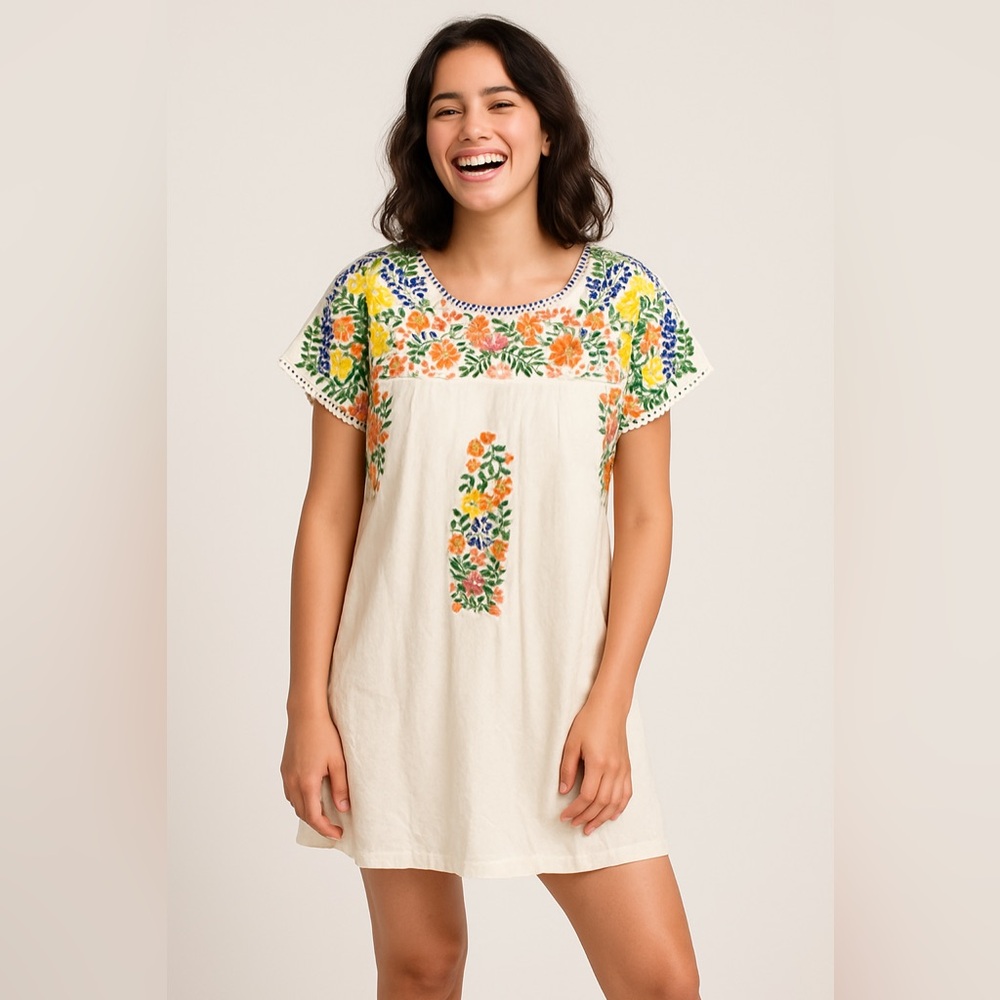 Buddy Love Basics Embroidered Carolina Oaxaca Mini Dress on white. Size L AR19